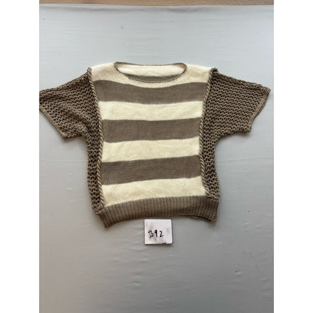 Vintage Handmade Mixed Knit Striped Crochet Mesh Short Sleeve Top Taupe Cream